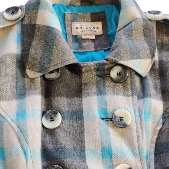 ARIZONA Size Large Plaid Double-Breasted Women's Coat Peacoat Blue & Gray Warm - Picture 4 of 16
